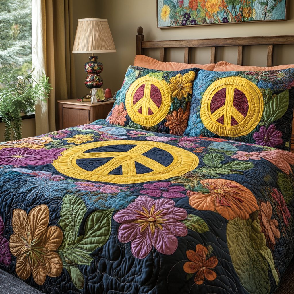 Woodstock Bloom quilted 3-piece bedding set on a made bed with two matching pillow shams
