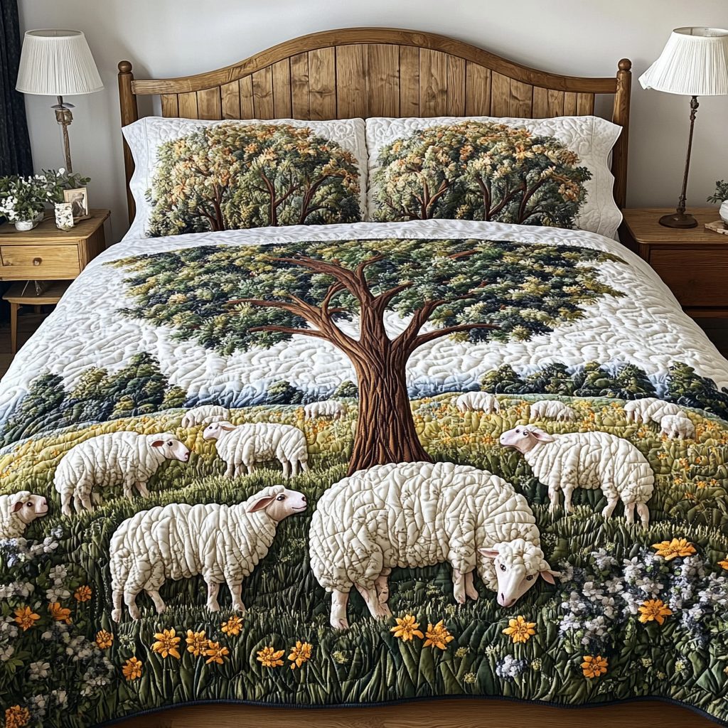 Wool Dreams quilted 3-piece bedding set on a made bed with two matching pillow shams