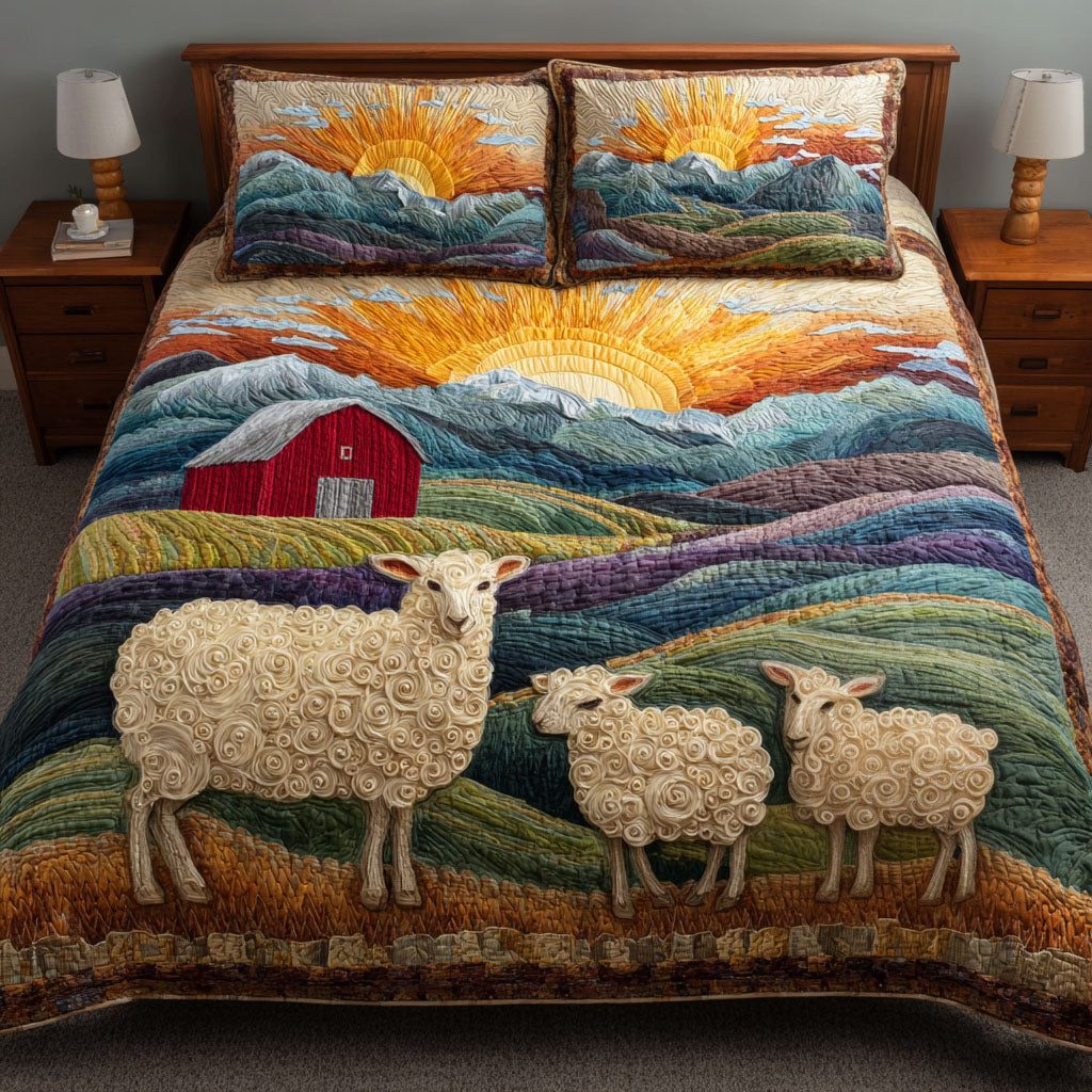 Woolly Blocks quilted 3-piece bedding set on a made bed with two matching pillow shams