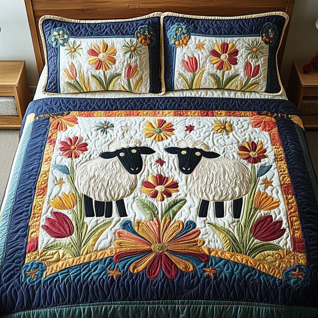 Woolly Comfort quilted 3-piece bedding set on a made bed with two matching pillow shams