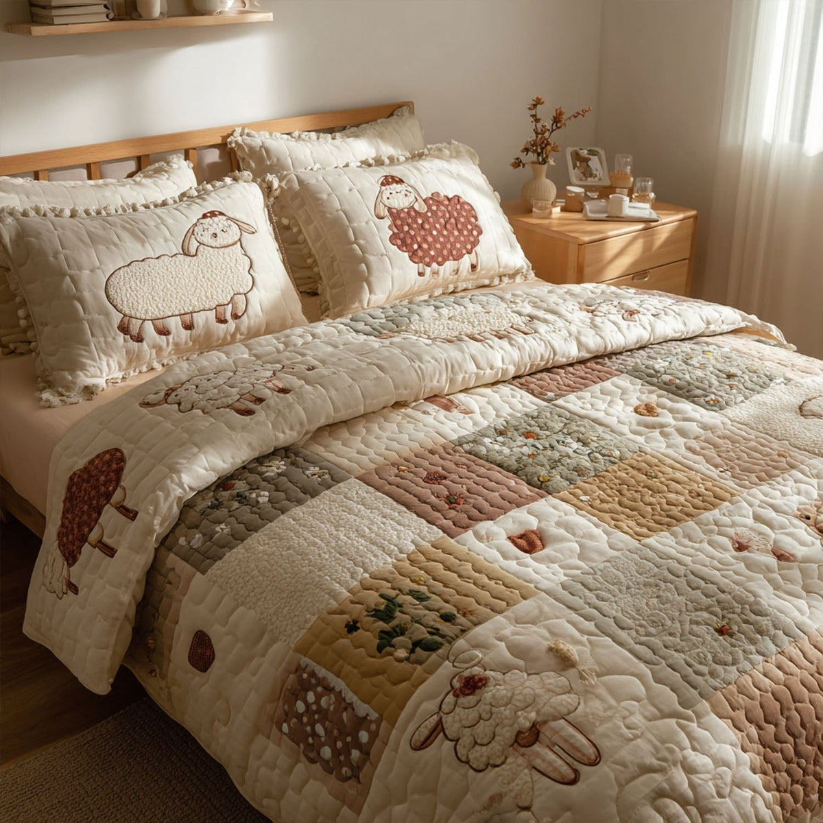 Wooly Charm quilted 3-piece bedding set on a made bed with two matching pillow shams