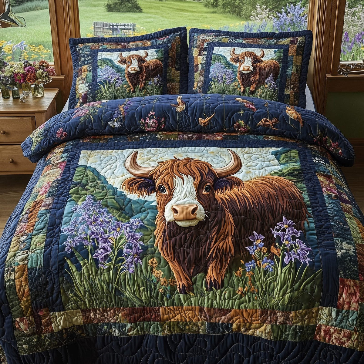 Wooly Wanderers quilted 3-piece bedding set on a made bed with two matching pillow shams
