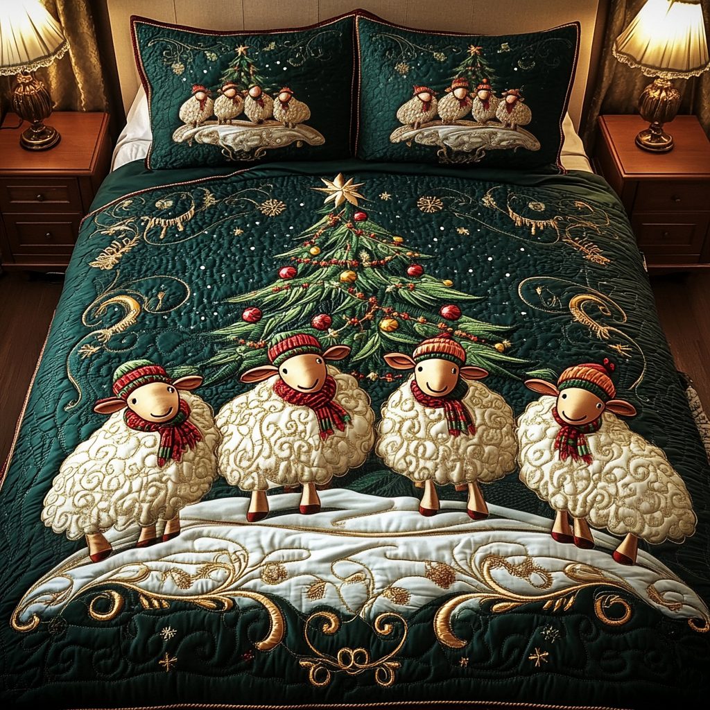Wooly Wonderland quilted 3-piece bedding set on a made bed with two matching pillow shams