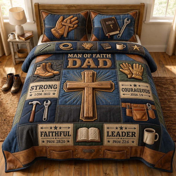 Workman Faith quilted 3-piece bedding set on a made bed in a softly lit bedroom