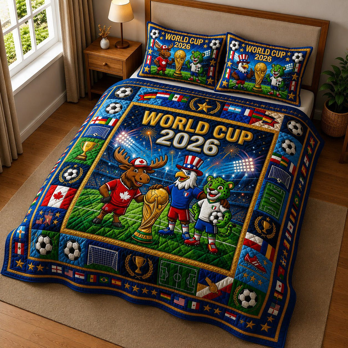 World Cup quilted 3-piece bedding set on a made bed with two matching pillow shams