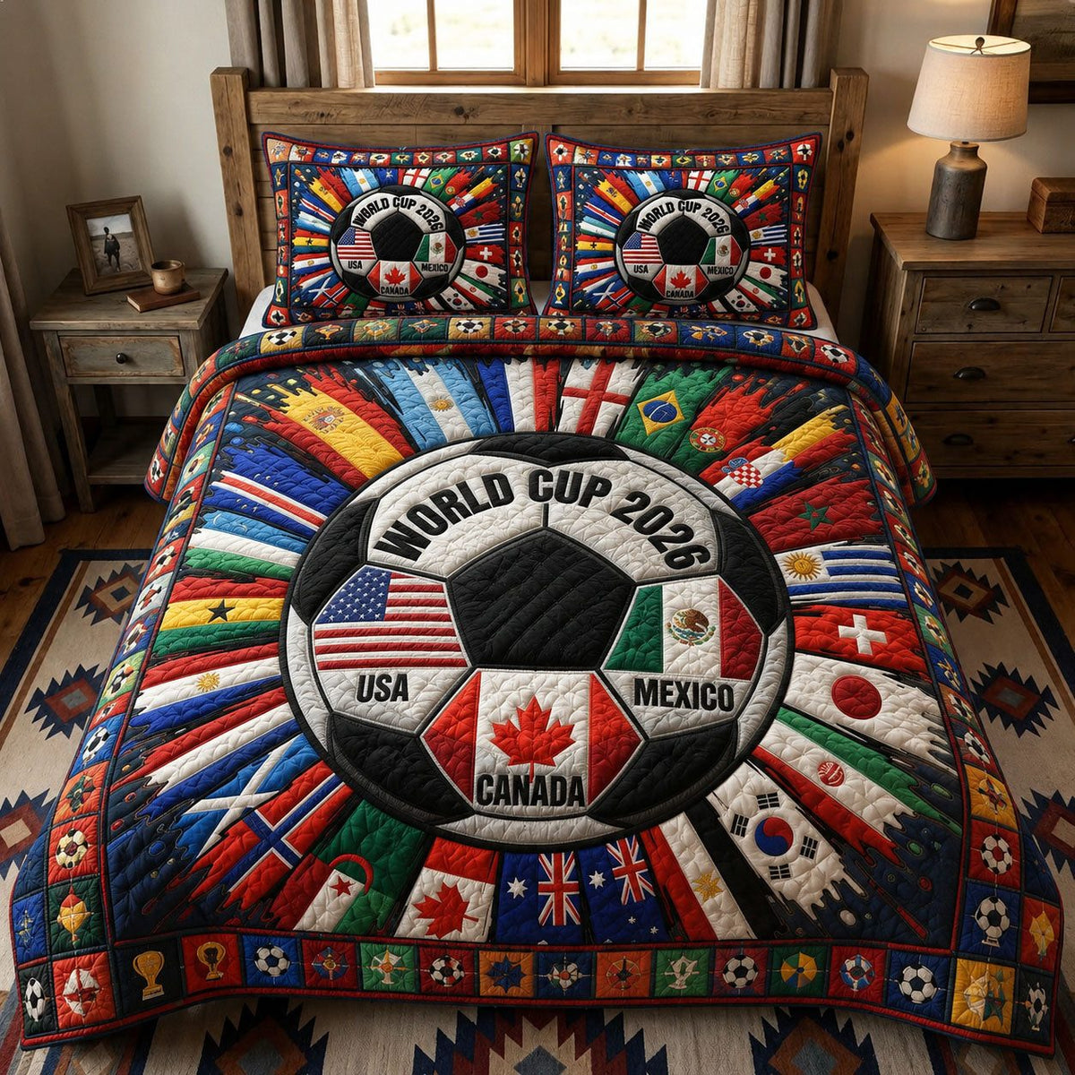 World Flags Soccer Unity quilted 3-piece bedding set on a made bed in a warmly lit bedroom