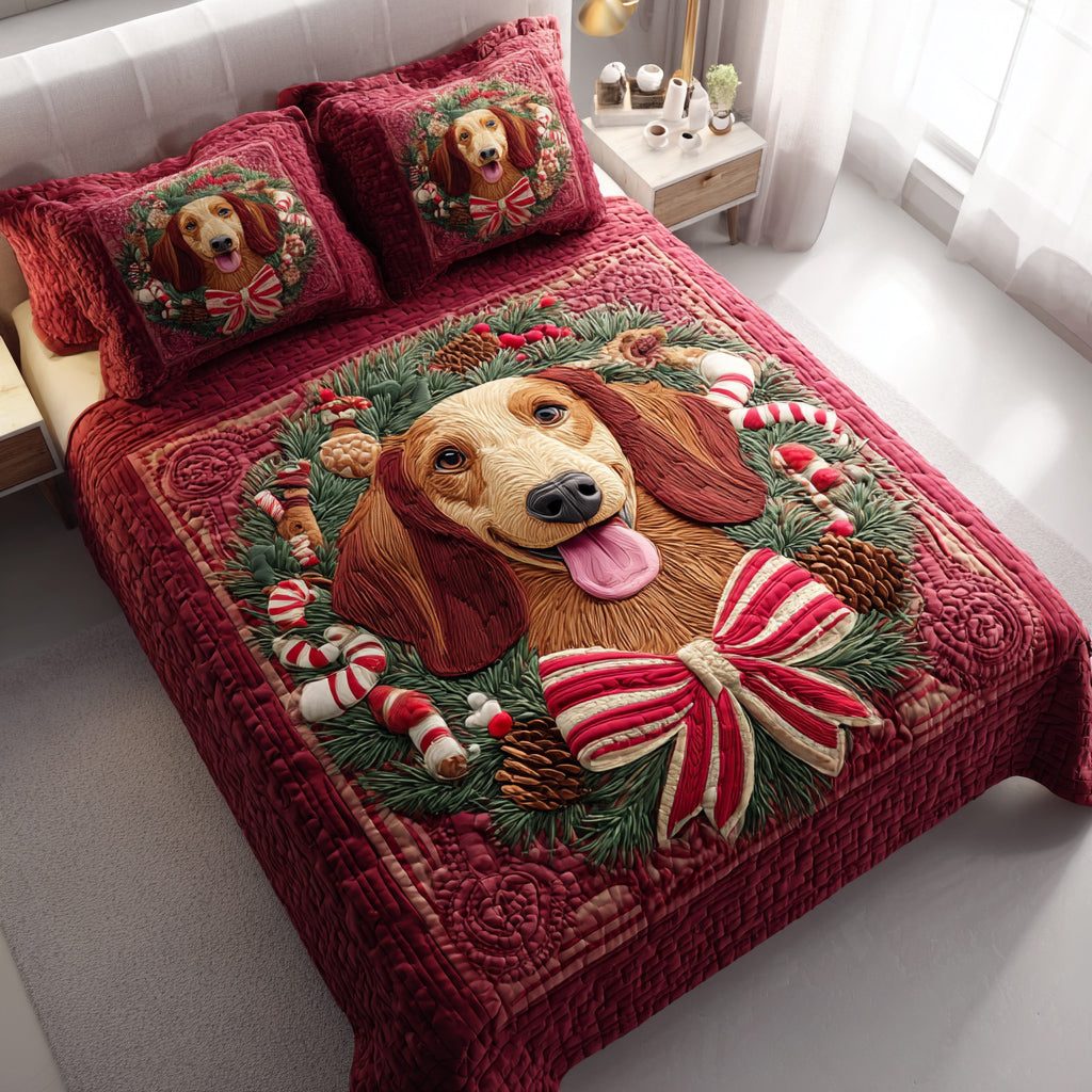 Wreath Dachshund Joy quilted 3-piece bedding set on a made bed in a winter-styled bedroom
