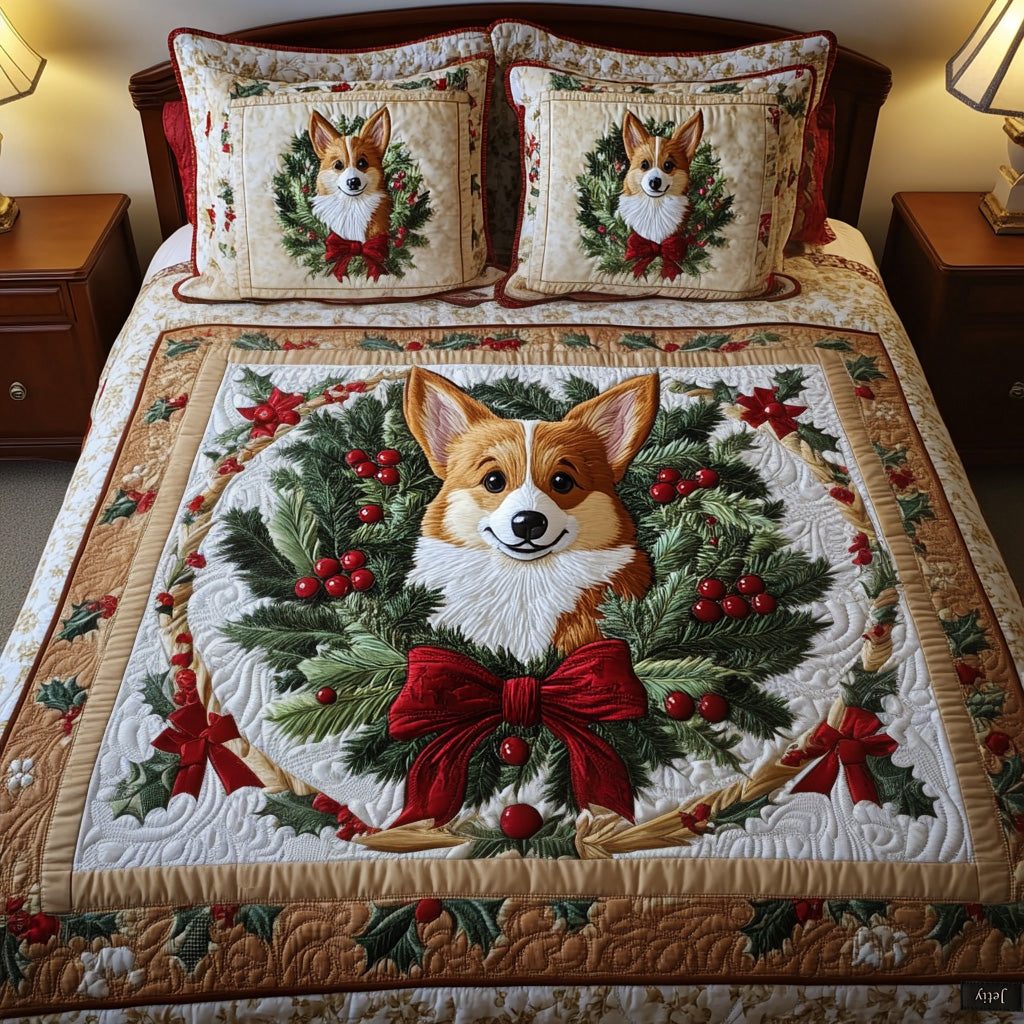 Wreath Delight quilted 3-piece bedding set on a made bed in a winter-styled bedroom