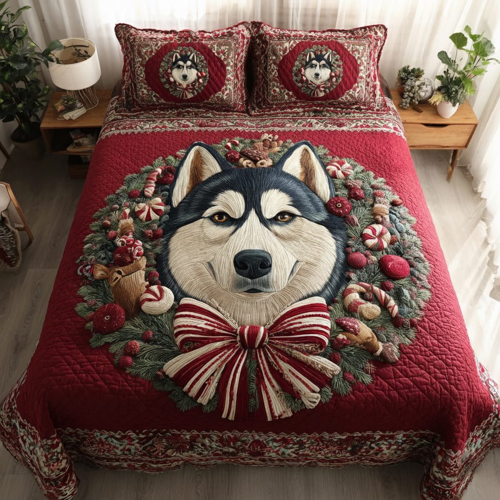 Wreath Husky Wonder quilted 3-piece bedding set on a made bed in a winter-styled bedroom