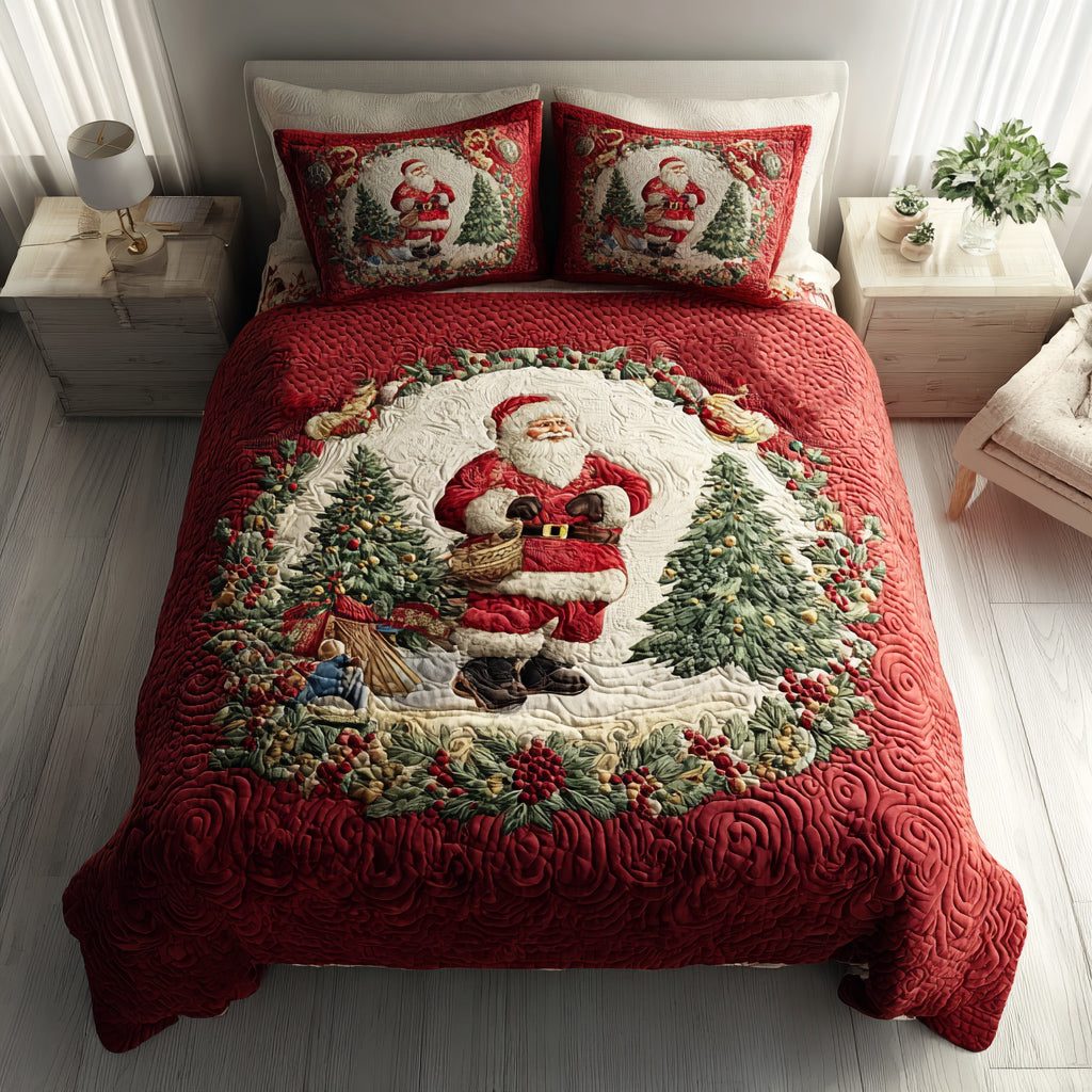 Wreath Santa Claus quilted 3-piece bedding set on a made bed in a winter-styled bedroom