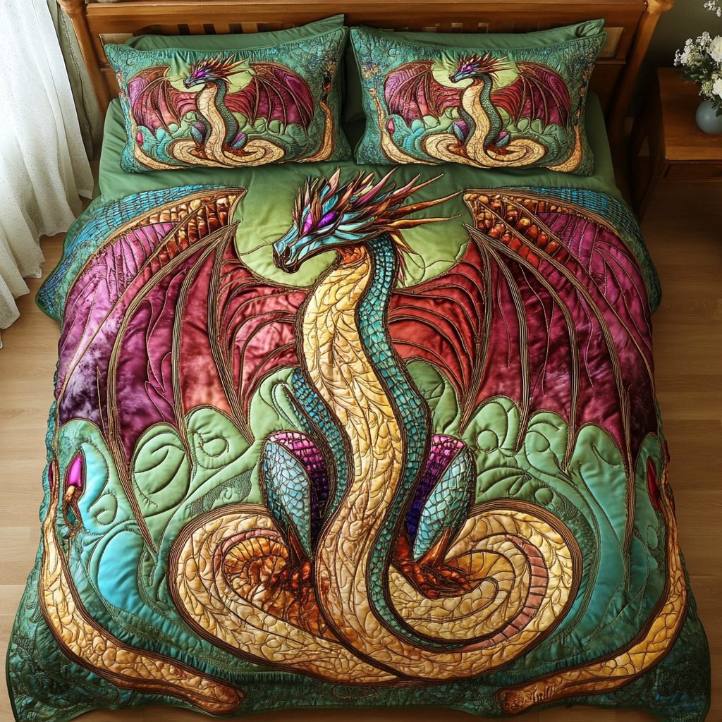 Wyrm Crown quilted 3-piece bedding set on a made bed with two matching pillow shams