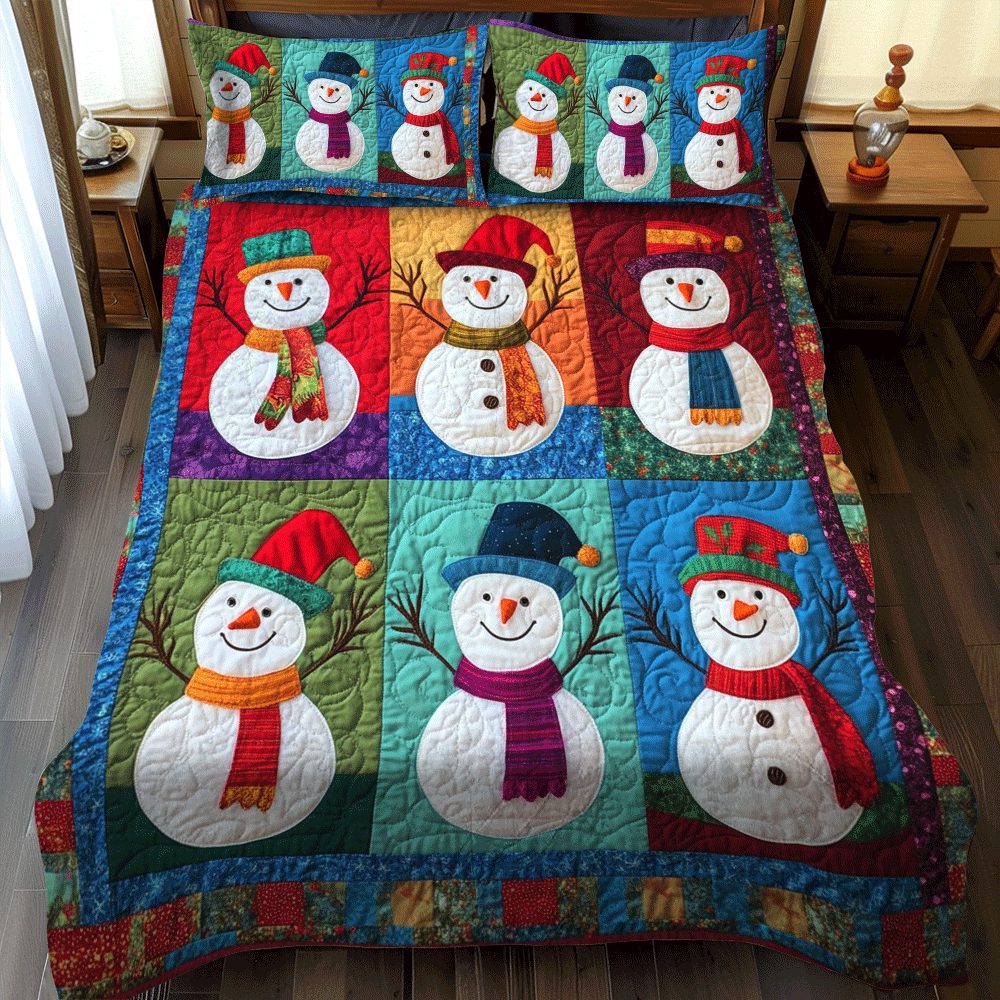 Xmas Night Snowman quilted 3-piece bedding set on a made bed in a winter-styled bedroom
