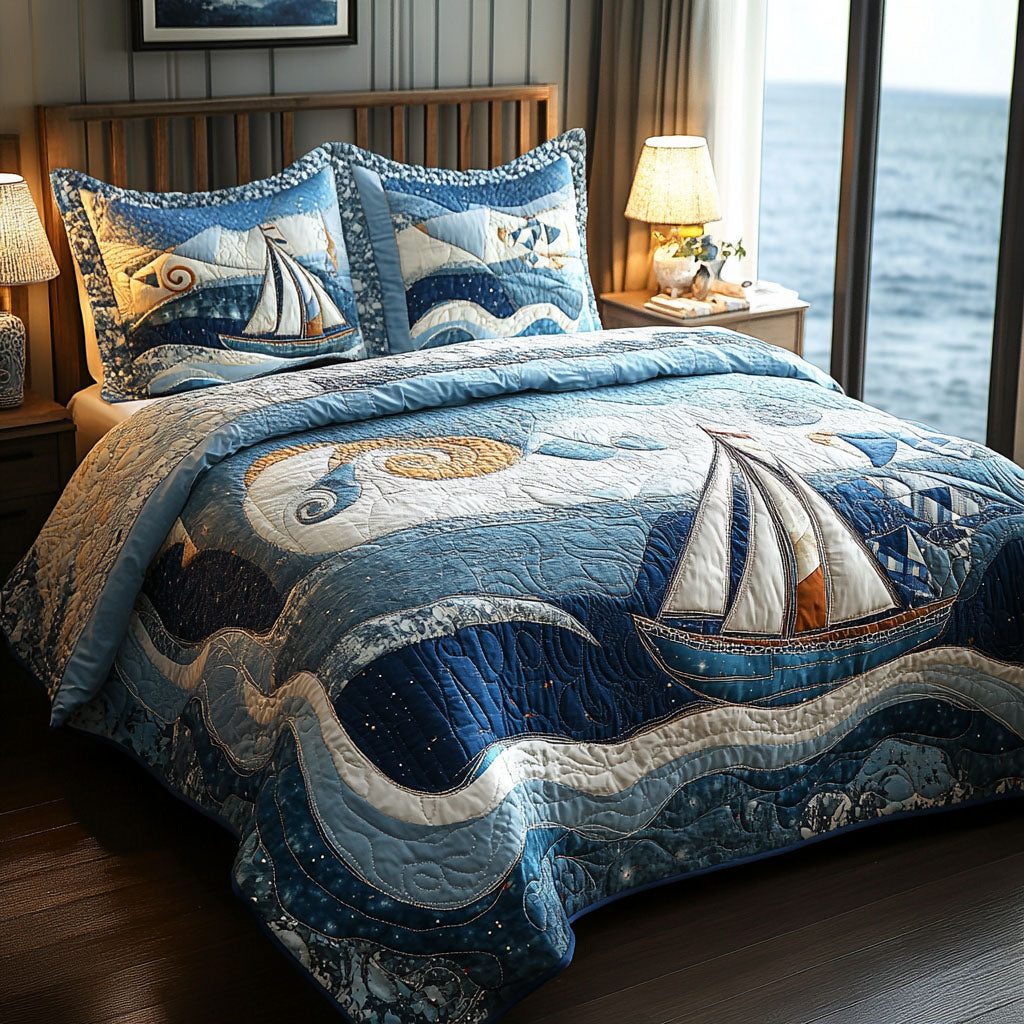 Yacht Haven quilted 3-piece bedding set on a made bed with two matching pillow shams