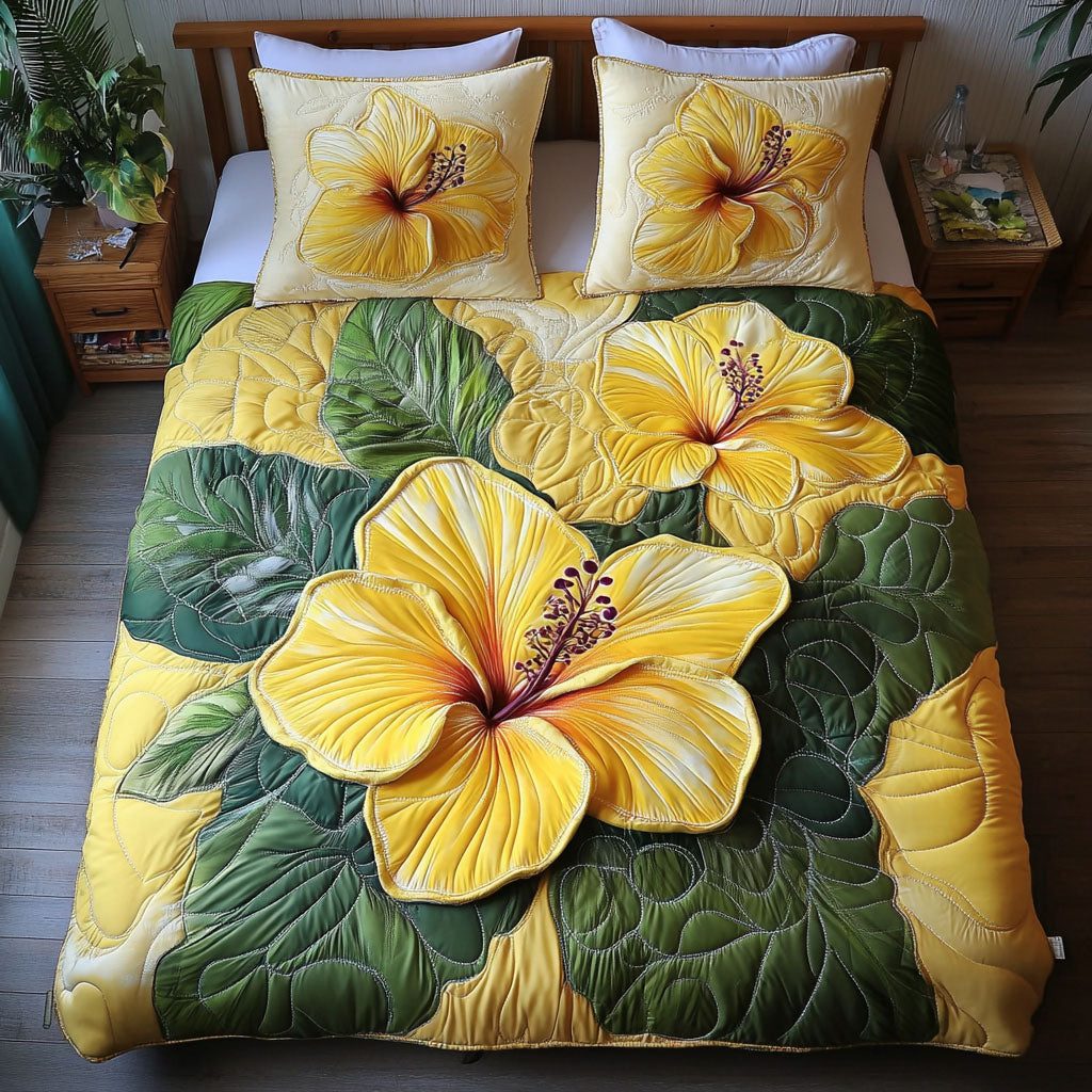 Yellow Garden Charm quilted 3-piece bedding set on a made bed with two matching pillow shams