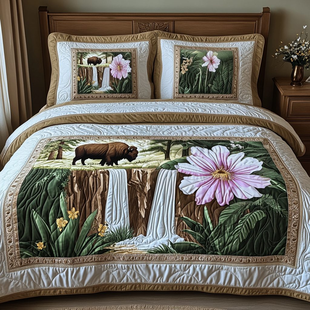 Yellowstone Bison and Wildflower quilted 3-piece bedding set on a made bed in a rustic timber bedroom