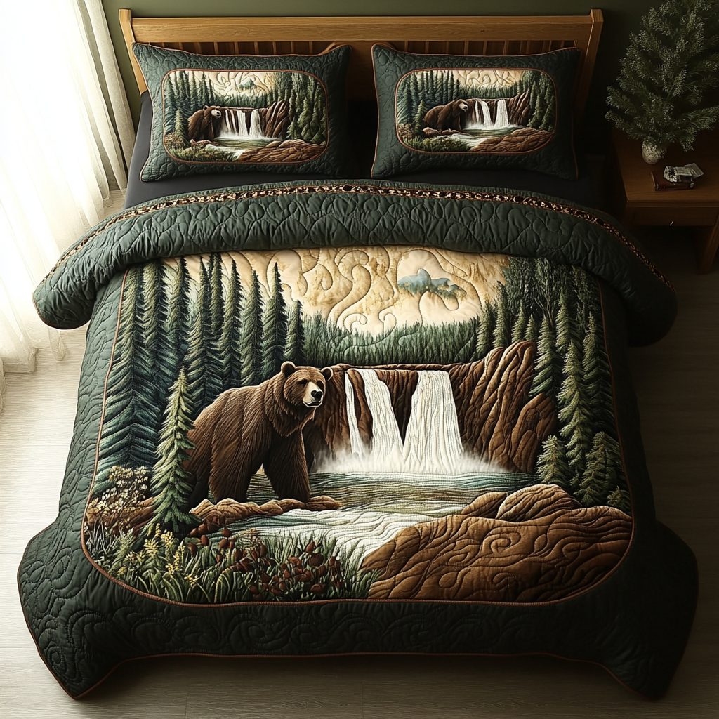 Yellowstone Waterfall Bear quilted 3-piece bedding set on a made bed with two matching pillow shams