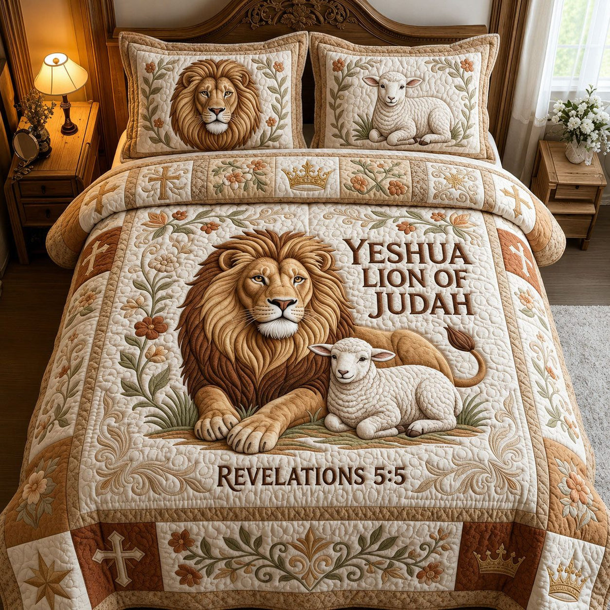 Yeshua Lion of Judah quilted 3-piece bedding set on a made bed with two matching pillow shams
