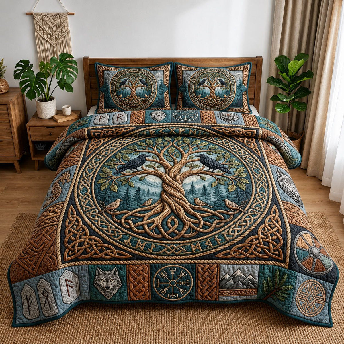 Yggdrasil quilted 3-piece bedding set on a made bed with two matching pillow shams