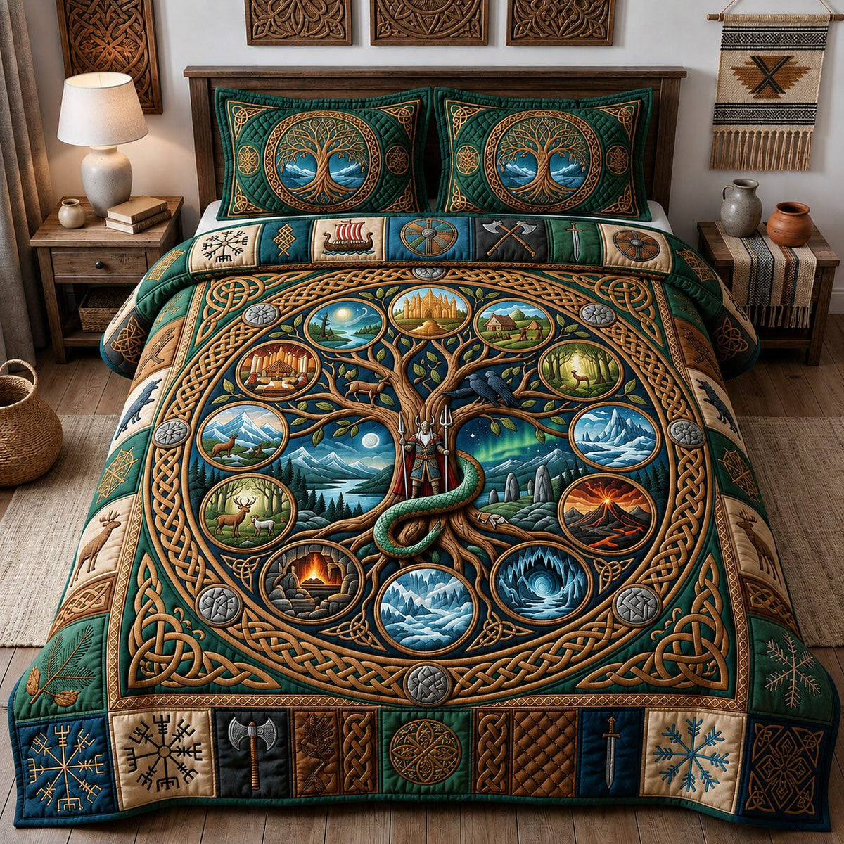 Yggdrasil World Tree quilted 3-piece bedding set on a made bed with two matching pillow shams