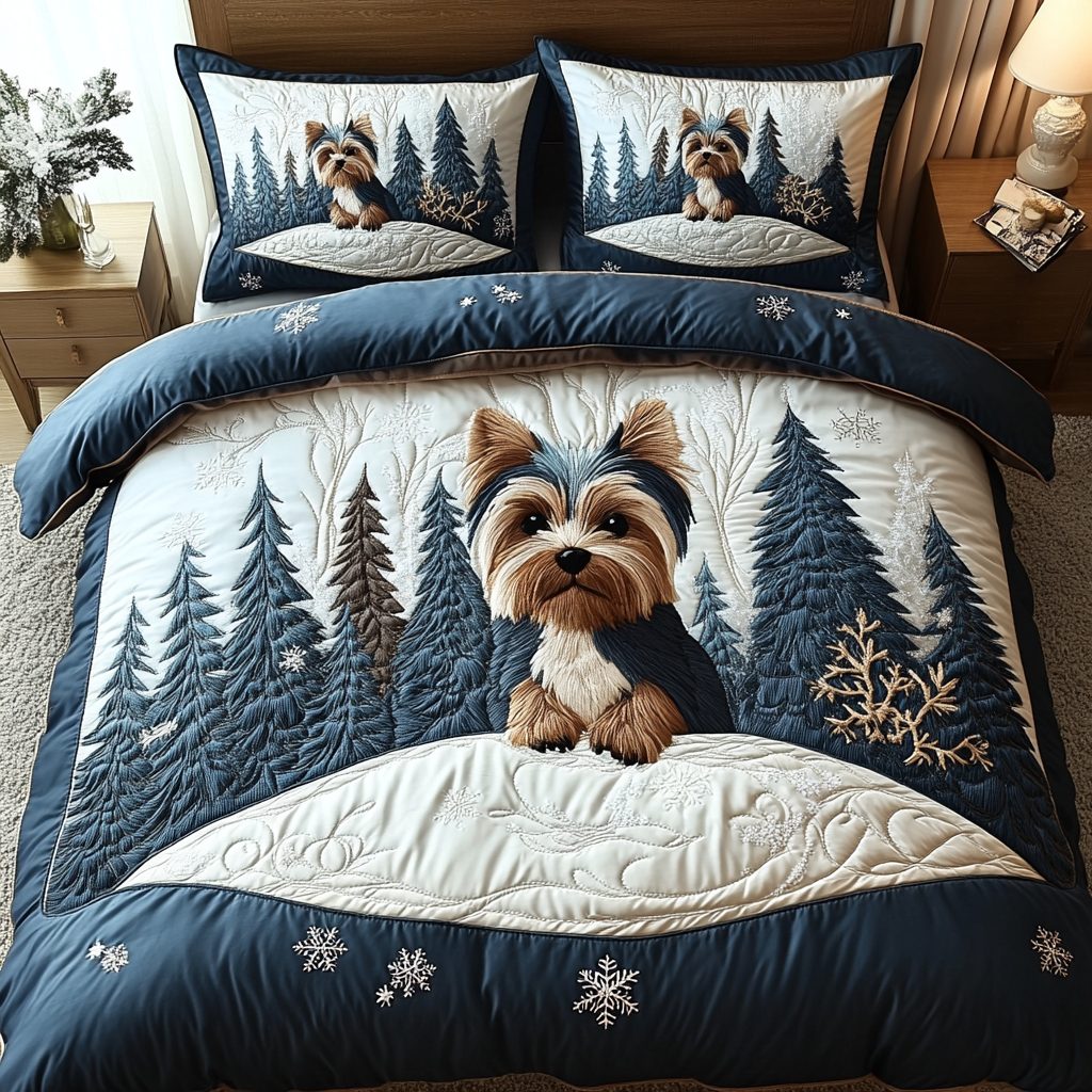 Yorkie Charm quilted 3-piece bedding set on a made bed with two matching pillow shams