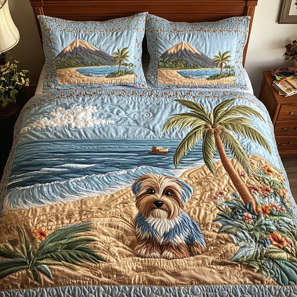 Yorkie Dreams quilted 3-piece bedding set on a made bed with two matching pillow shams