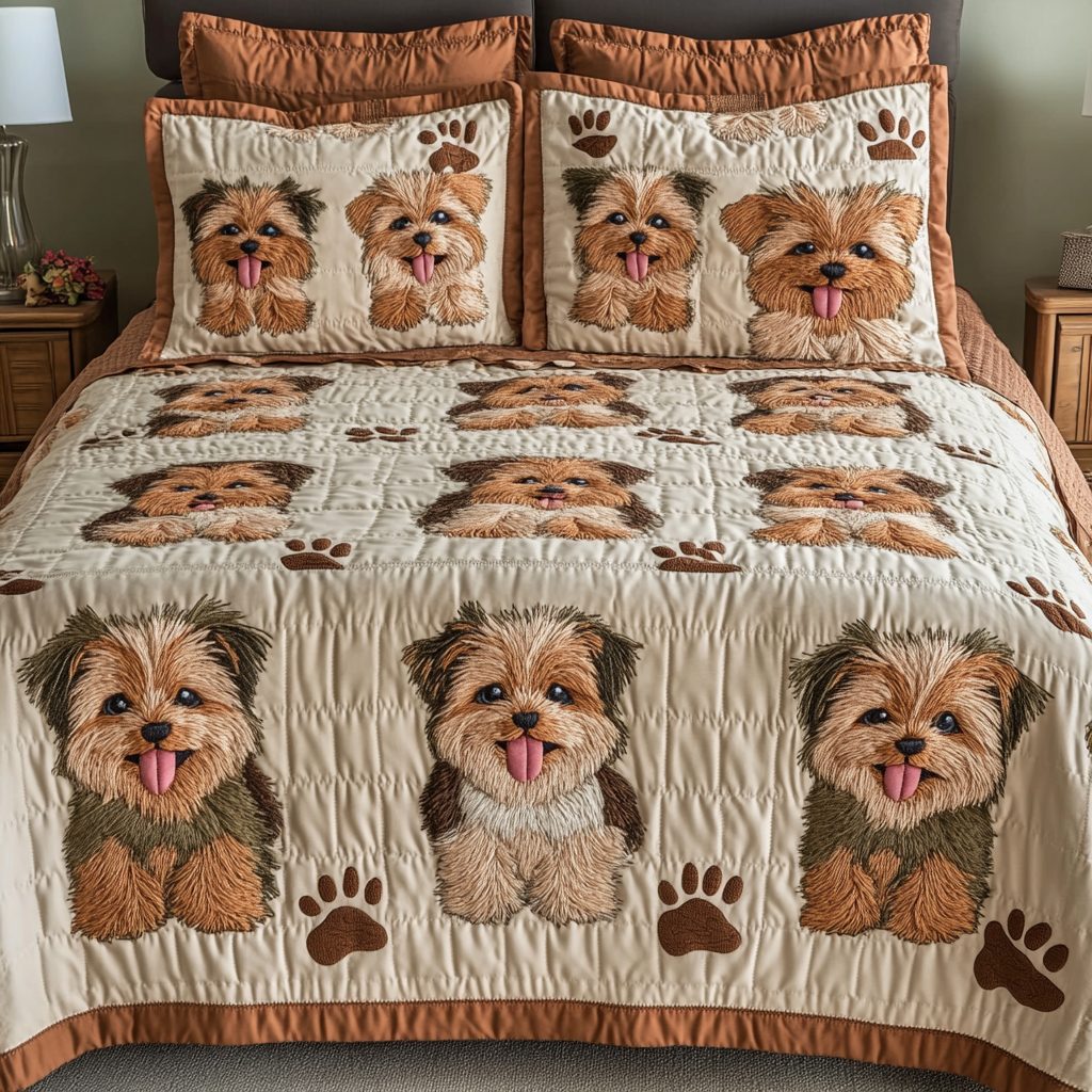 Yorkie Haven quilted 3-piece bedding set on a made bed with two matching pillow shams