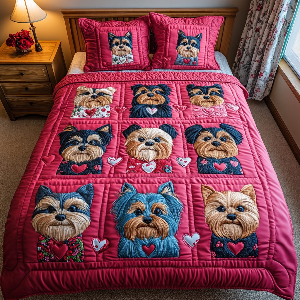 Yorkie Love quilted 3-piece bedding set on a made bed with two matching pillow shams