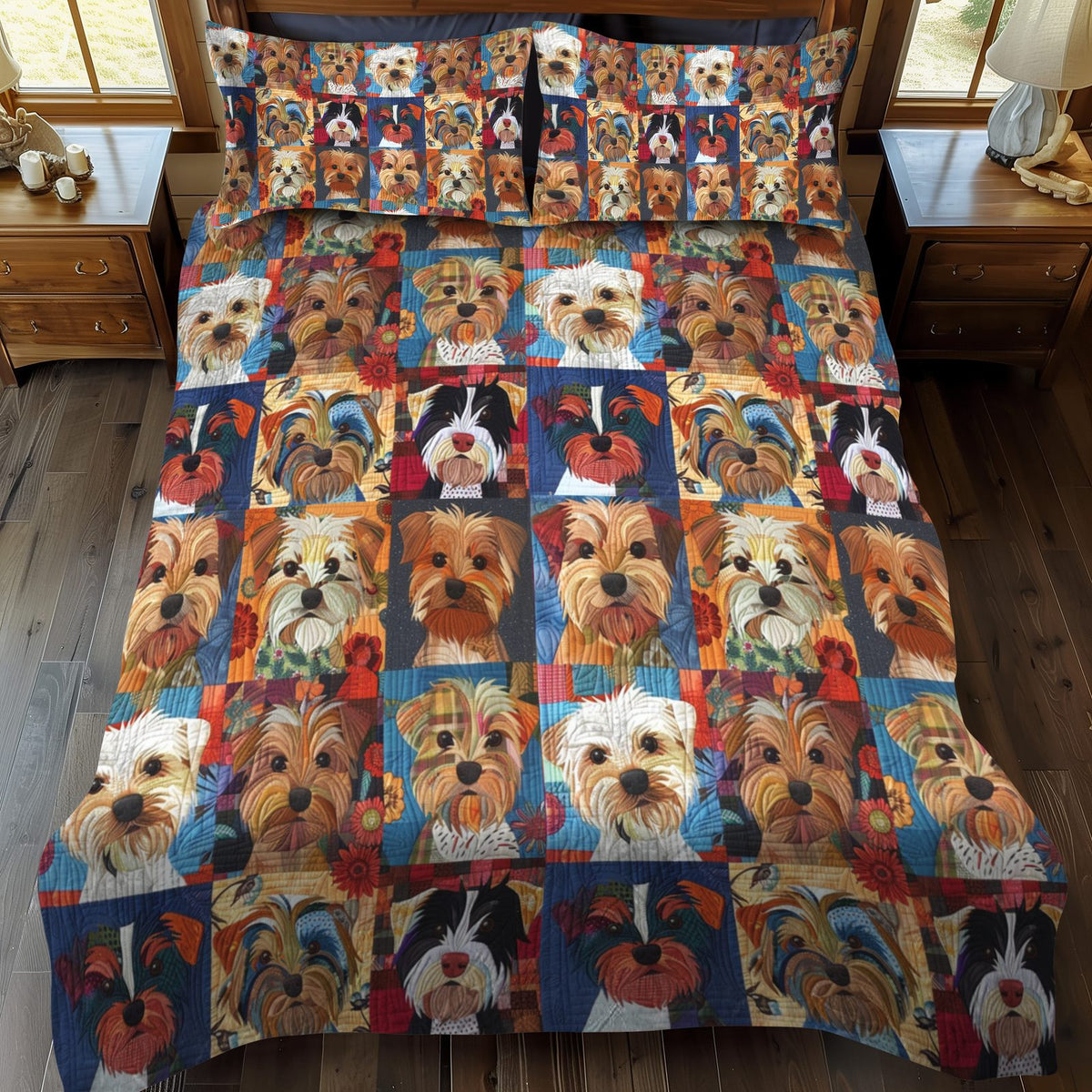 Yorkie Mosaic quilted 3-piece bedding set on a made bed with two matching pillow shams