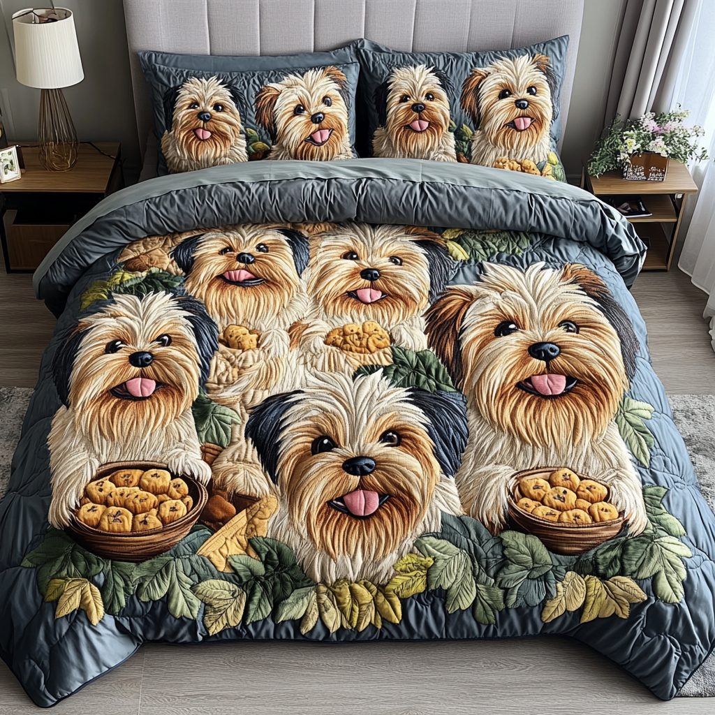 Yorkie Snooze quilted 3-piece bedding set on a made bed with two matching pillow shams