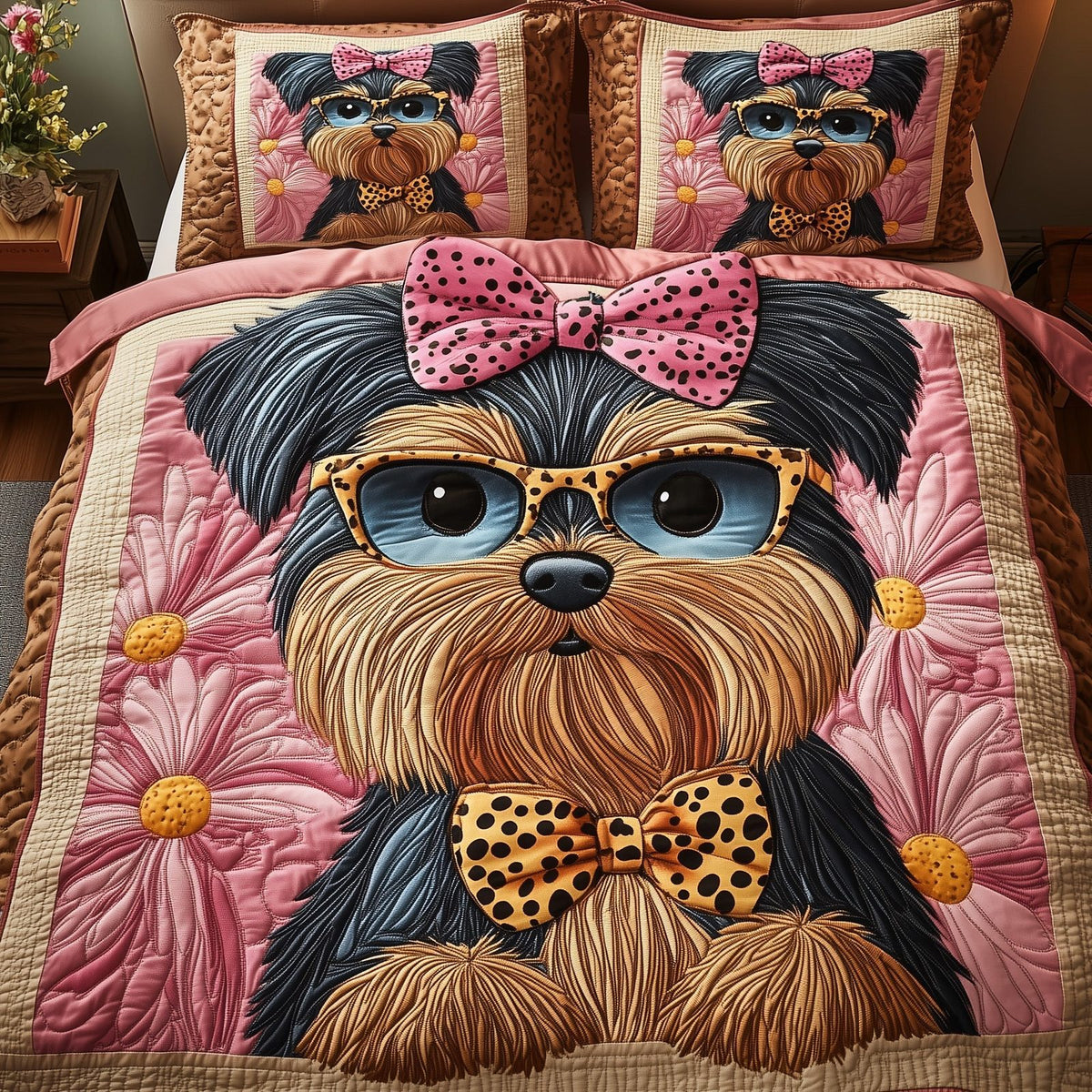 Yorkshire Terrier quilted 3-piece bedding set on a made bed with two matching pillow shams