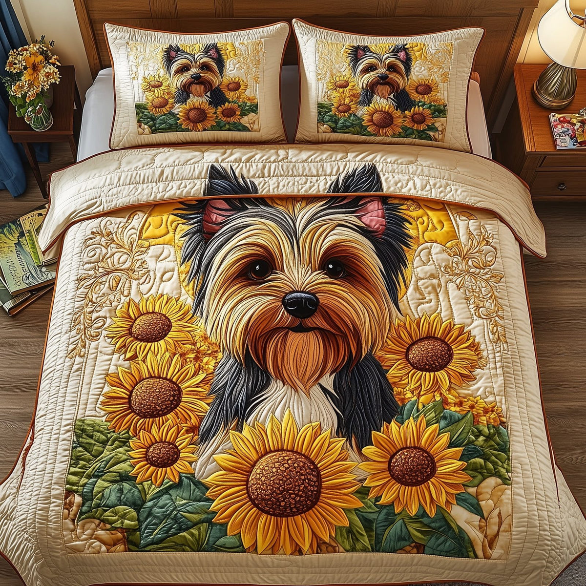 Yorkshire Terrier quilted 3-piece bedding set on a made bed with two matching pillow shams