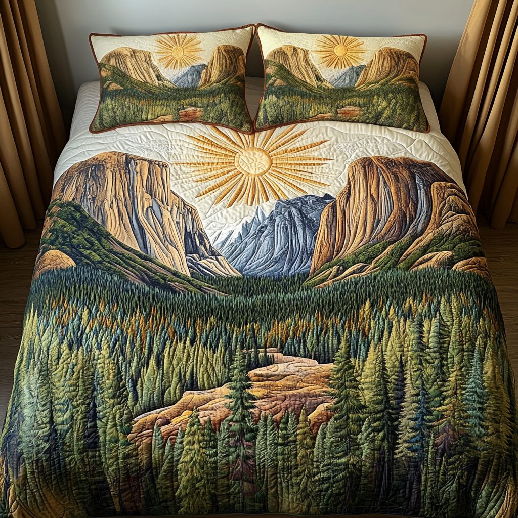 Yosemite National Park quilted 3-piece bedding set on a made bed with two matching pillow shams