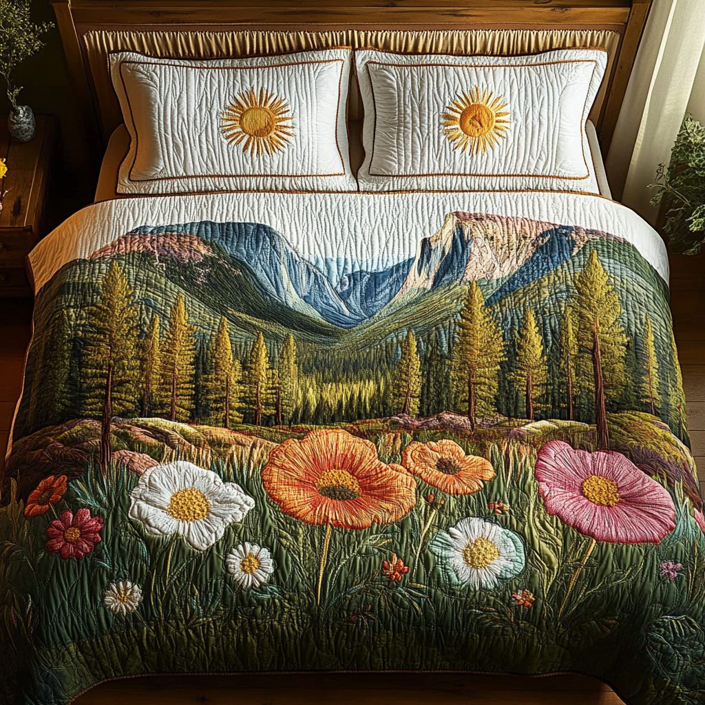 Yosemite Poppy Bloom quilted 3-piece bedding set on a made bed with two matching pillow shams
