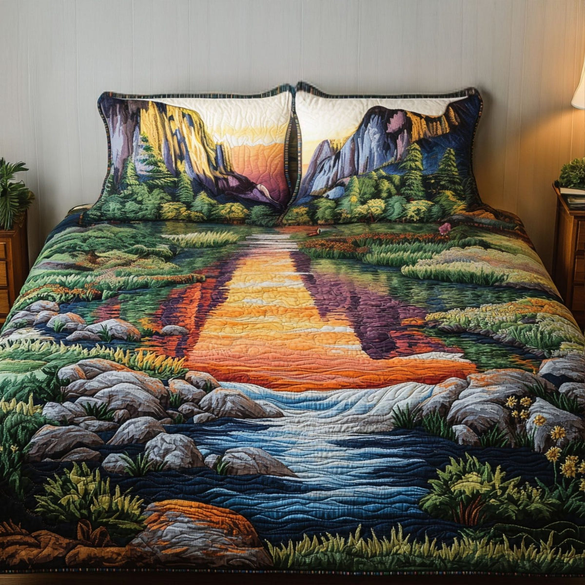 Yosemite Serenity quilted 3-piece bedding set on a made bed with two matching pillow shams