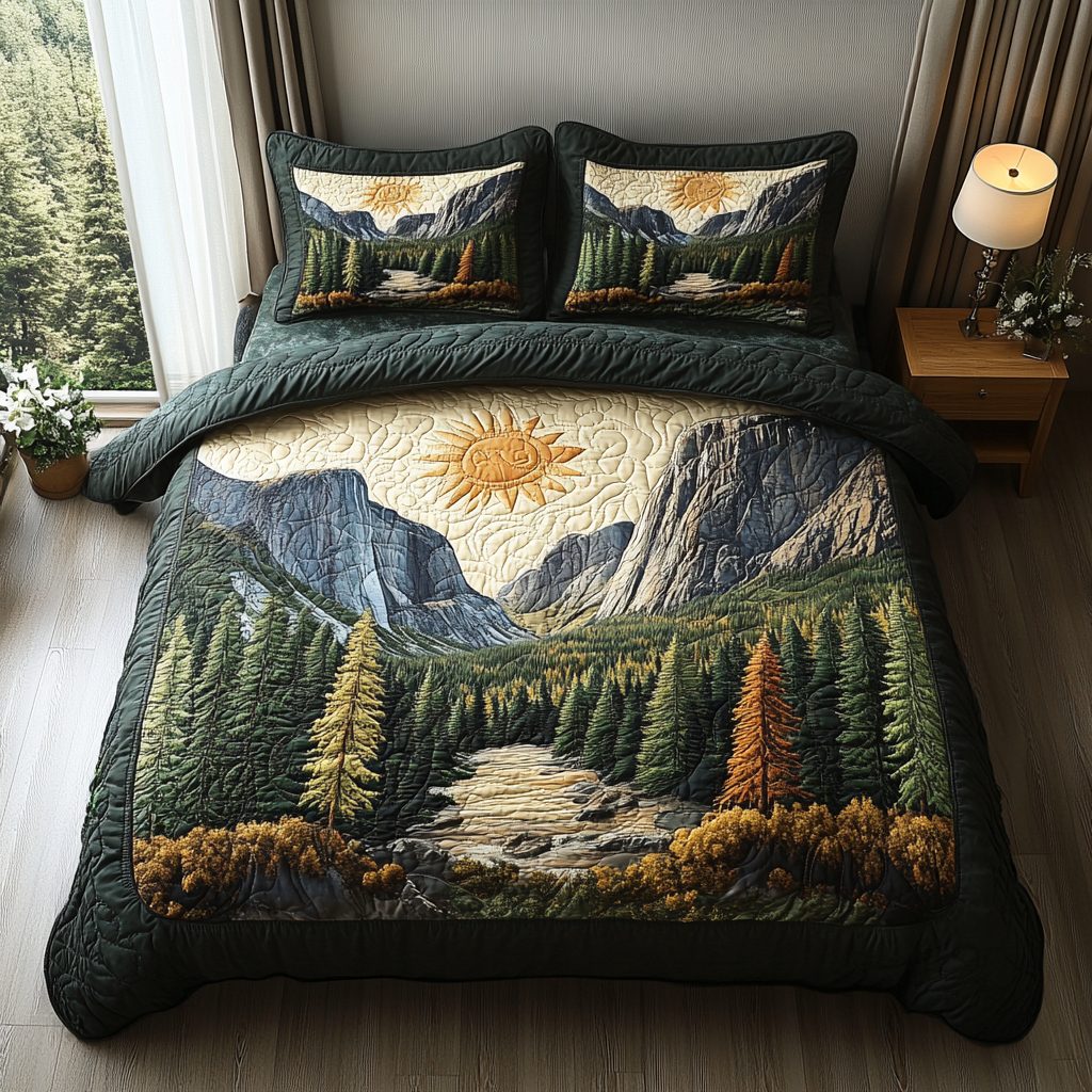 Yosemite Trail quilted 3-piece bedding set on a made bed with two matching pillow shams
