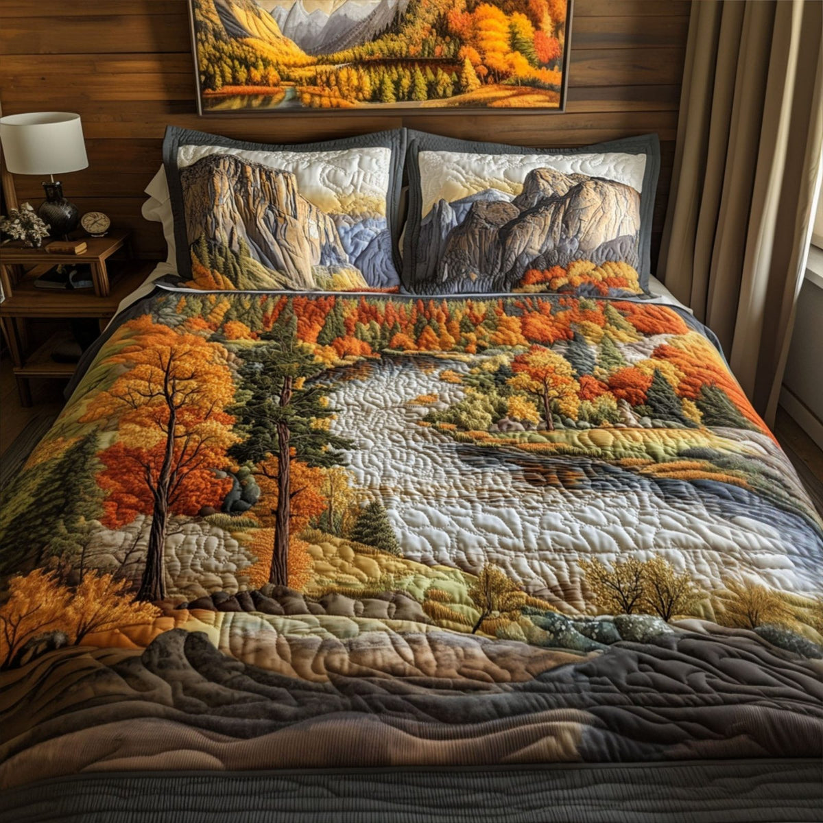 Yosemite Wonders quilted 3-piece bedding set on a made bed with two matching pillow shams
