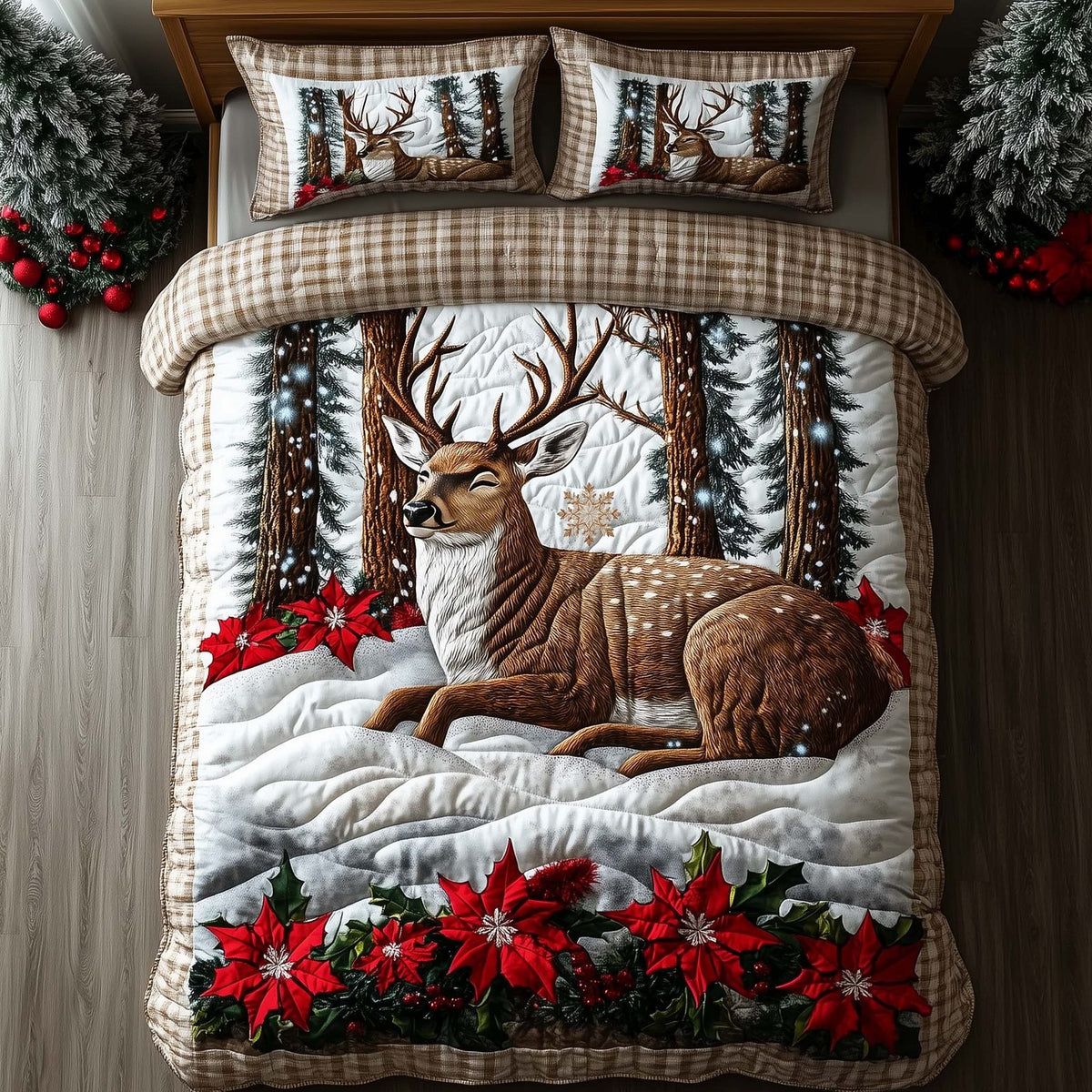 Yuletide Antler quilted 3-piece bedding set on a made bed with two matching pillow shams