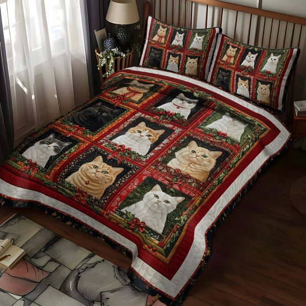 Yuletide Cats quilted 3-piece bedding set on a made bed with two matching pillow shams