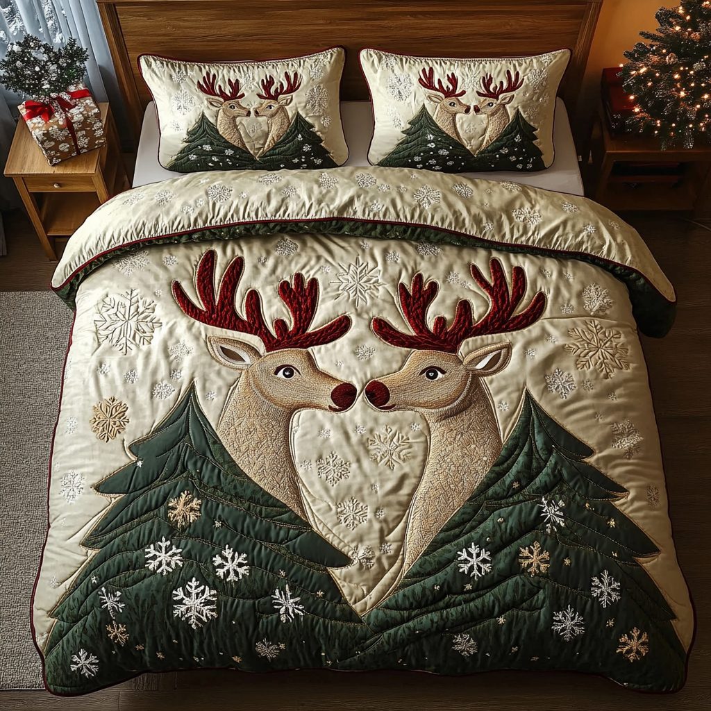 Yuletide Deer quilted 3-piece bedding set on a made bed with two matching pillow shams