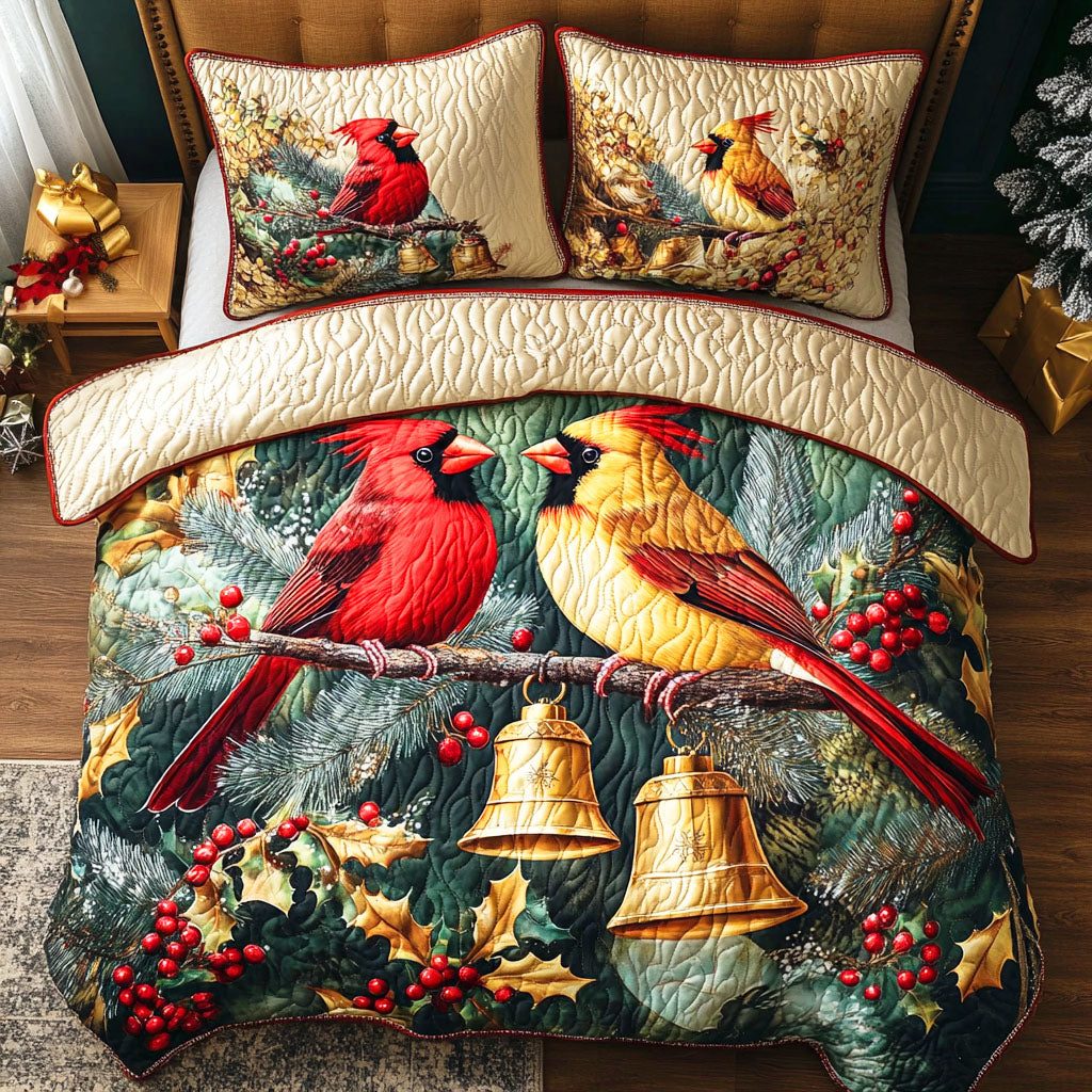 Yuletide Dream quilted 3-piece bedding set on a made bed with two matching pillow shams