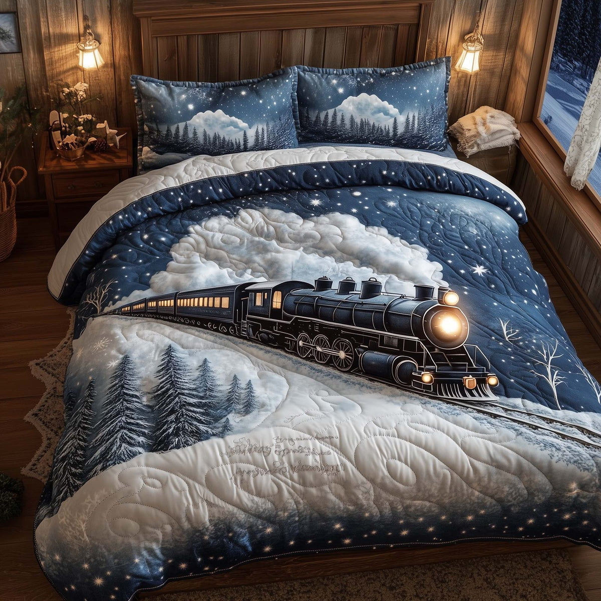 Yuletide Express quilted 3-piece bedding set on a made bed with two matching pillow shams