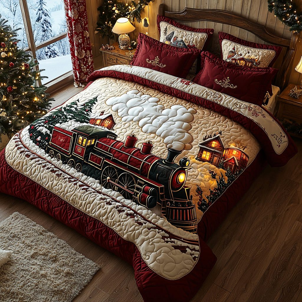 Yuletide Express quilted 3-piece bedding set on a made bed with two matching pillow shams
