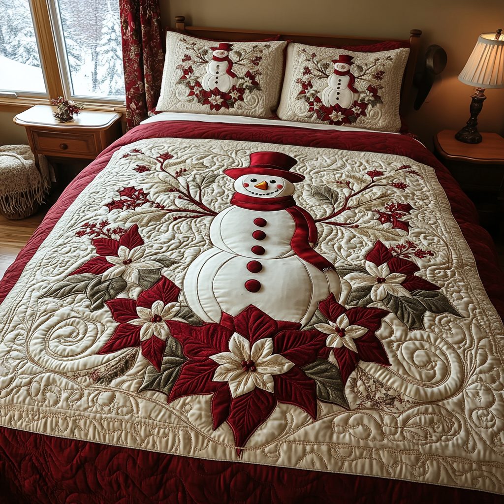 Yuletide Glow quilted 3-piece bedding set on a made bed with two matching pillow shams