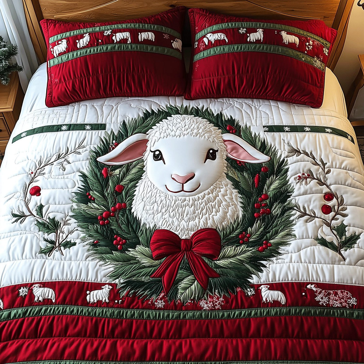 Yuletide Lamb Delight quilted 3-piece bedding set on a made bed with two matching pillow shams