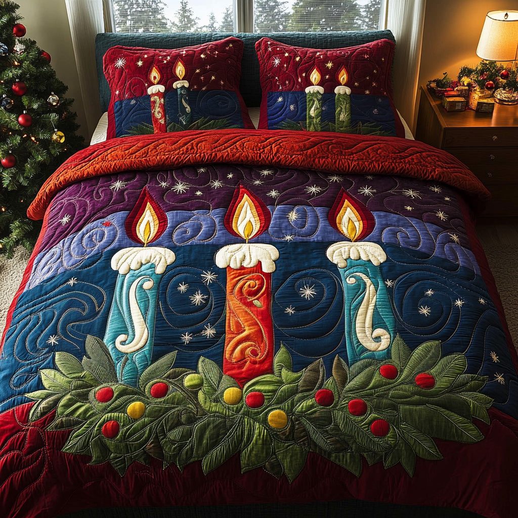 Yuletide Light quilted 3-piece bedding set on a made bed with two matching pillow shams
