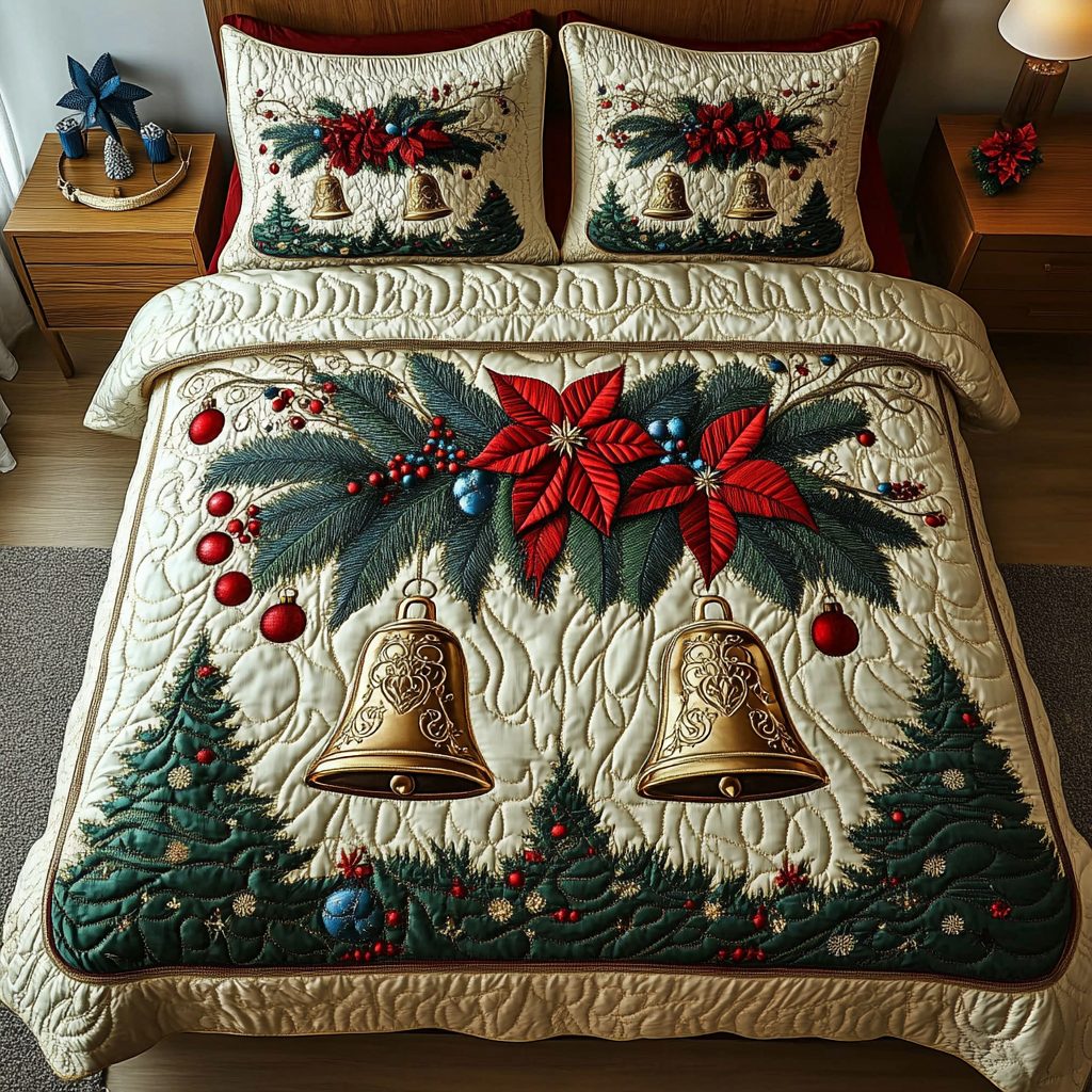 Yuletide Ring quilted 3-piece bedding set on a made bed with two matching pillow shams