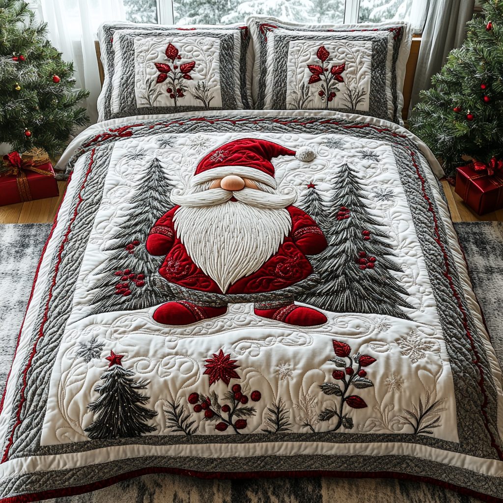 Yuletide Serenity quilted 3-piece bedding set on a made bed with two matching pillow shams