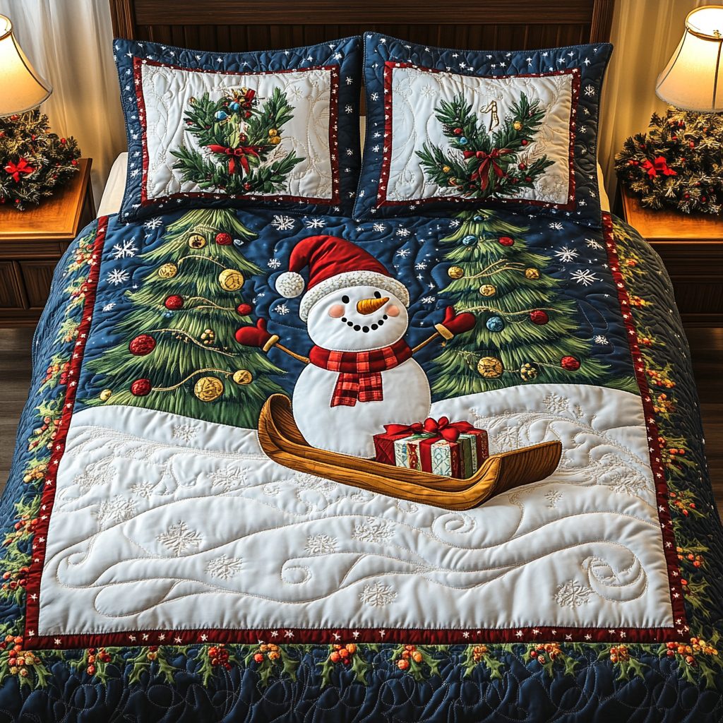 Yuletide Snowman quilted 3-piece bedding set on a made bed in a winter-styled bedroom