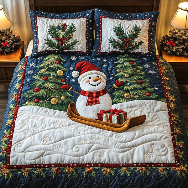 Yuletide Snowman quilted 3-piece bedding set on a made bed in a winter-styled bedroom
