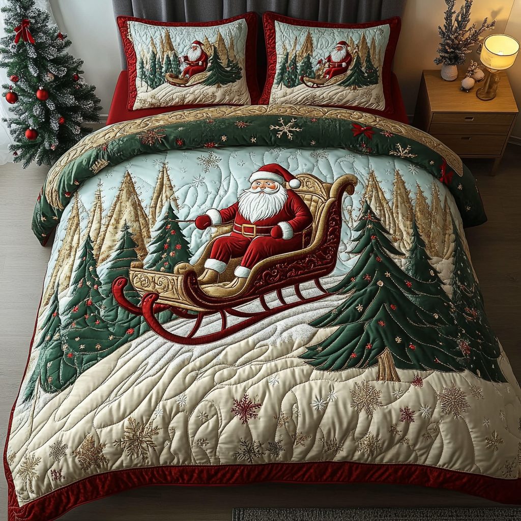 Yuletide Spirit quilted 3-piece bedding set on a made bed with two matching pillow shams